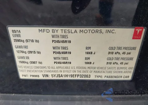 2014 Tesla Model S P85 z USA, uszkodzony, nr VIN 5YJSA1H19EFP32063
